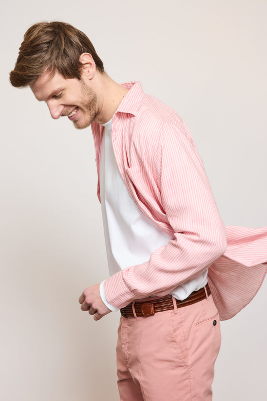 LINEN SEMI SLIM SHIRT PINK STRIPES