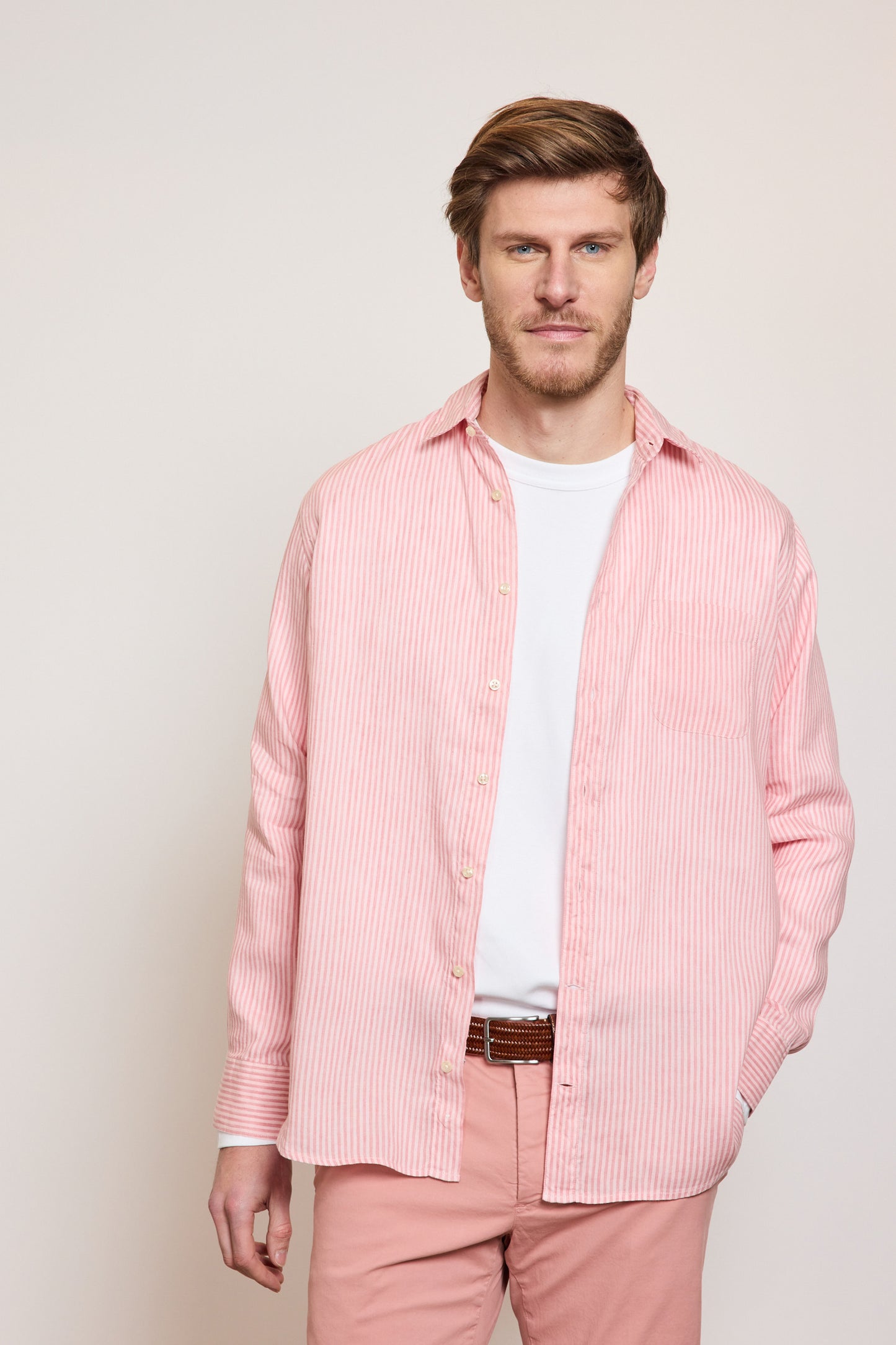 LINEN SEMI SLIM SHIRT PINK STRIPES