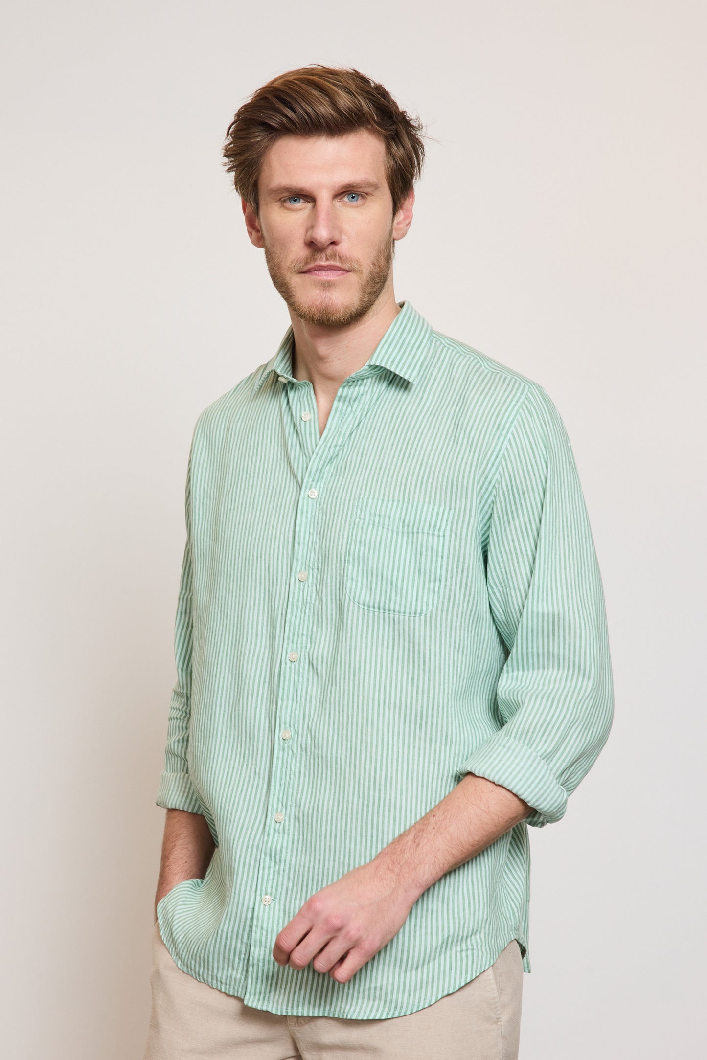 LINEN SEMI SLIM SHIRT GREEN STRIPES