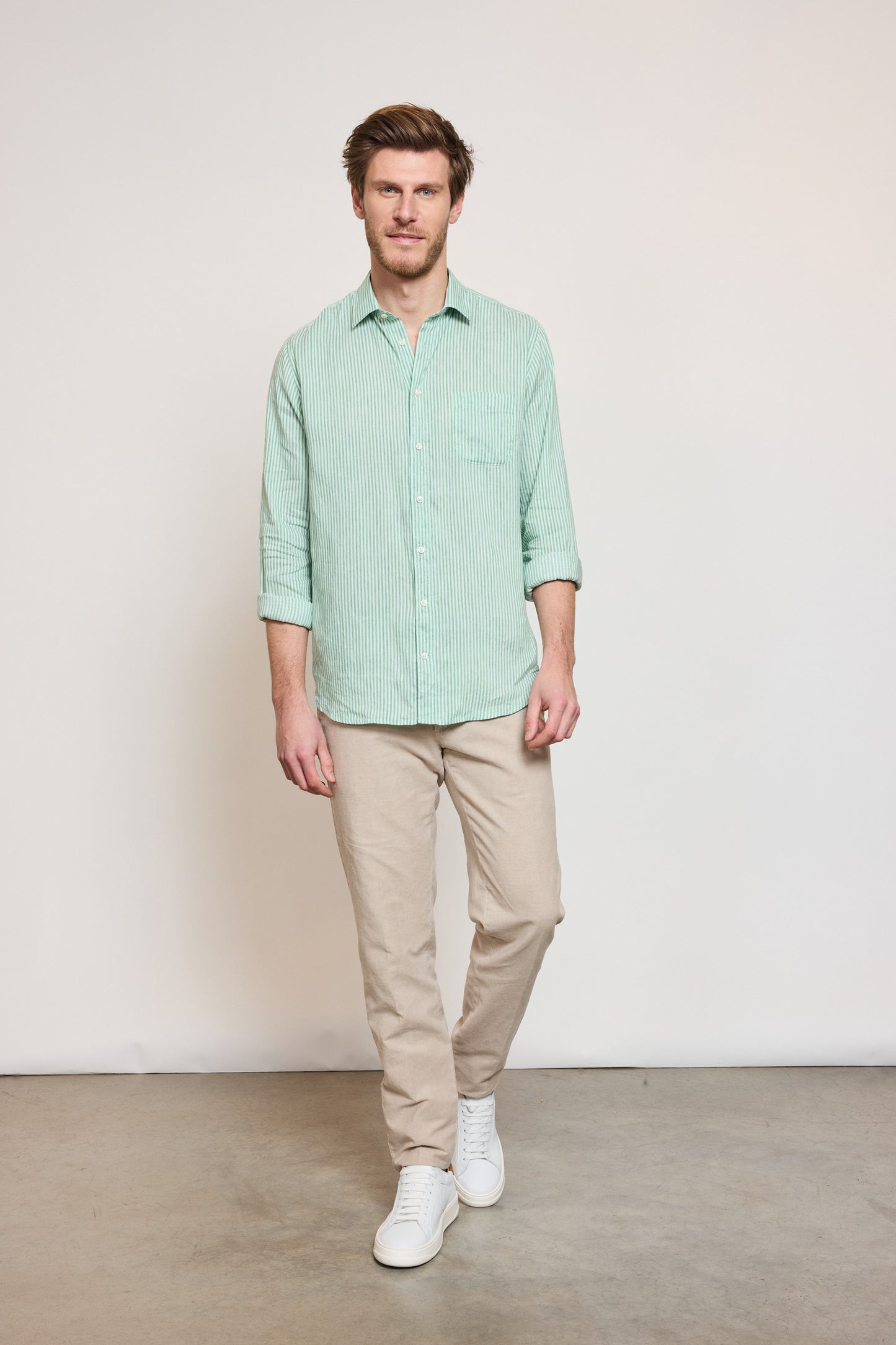 LINEN SEMI SLIM SHIRT GREEN STRIPES