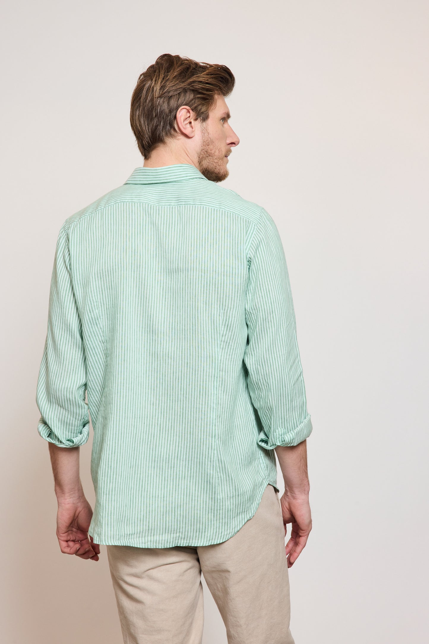 LINEN SEMI SLIM SHIRT GREEN STRIPES