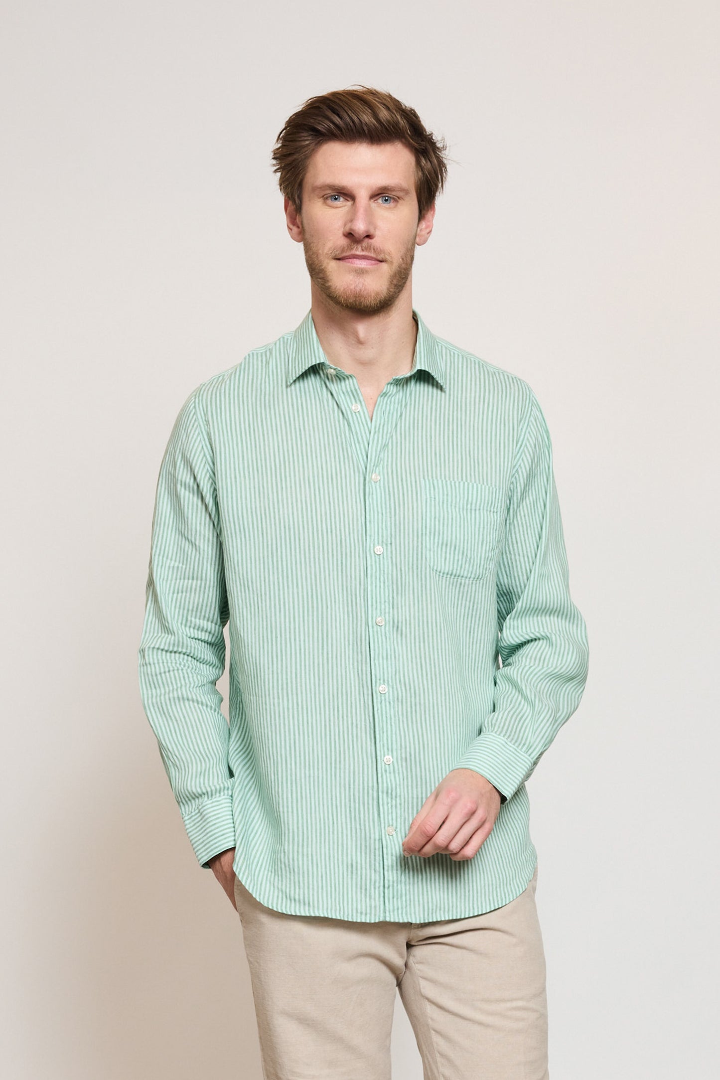 LINEN SEMI SLIM SHIRT GREEN STRIPES