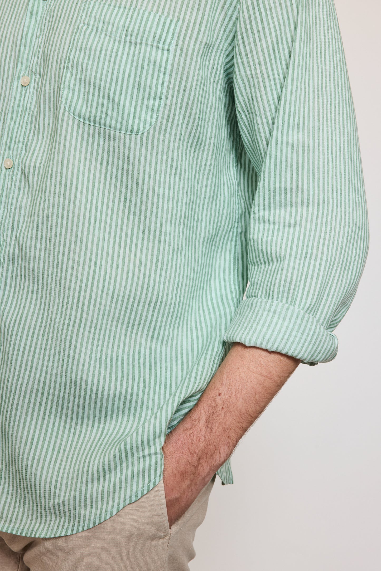 LINEN SEMI SLIM SHIRT GREEN STRIPES