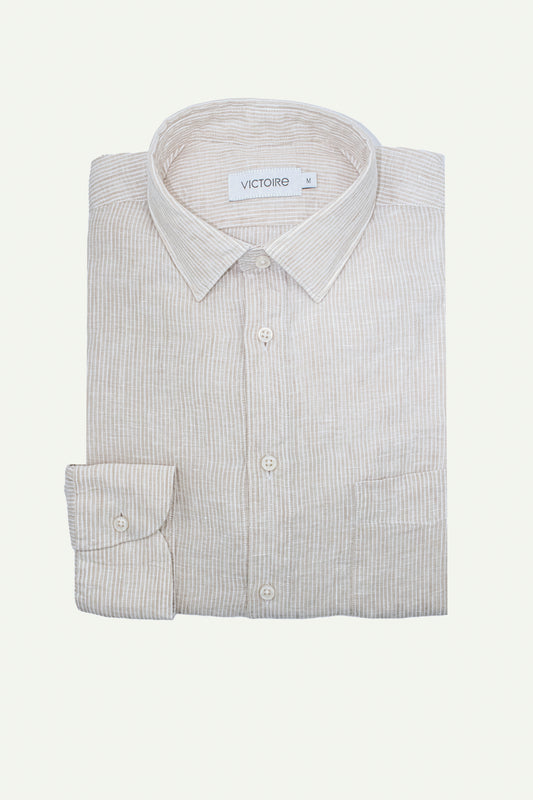 LINEN SEMI SLIM SHIRT BEIGE STRIPES