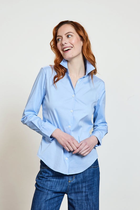 STRETCH SATIN CAPRI SHIRT BLUE