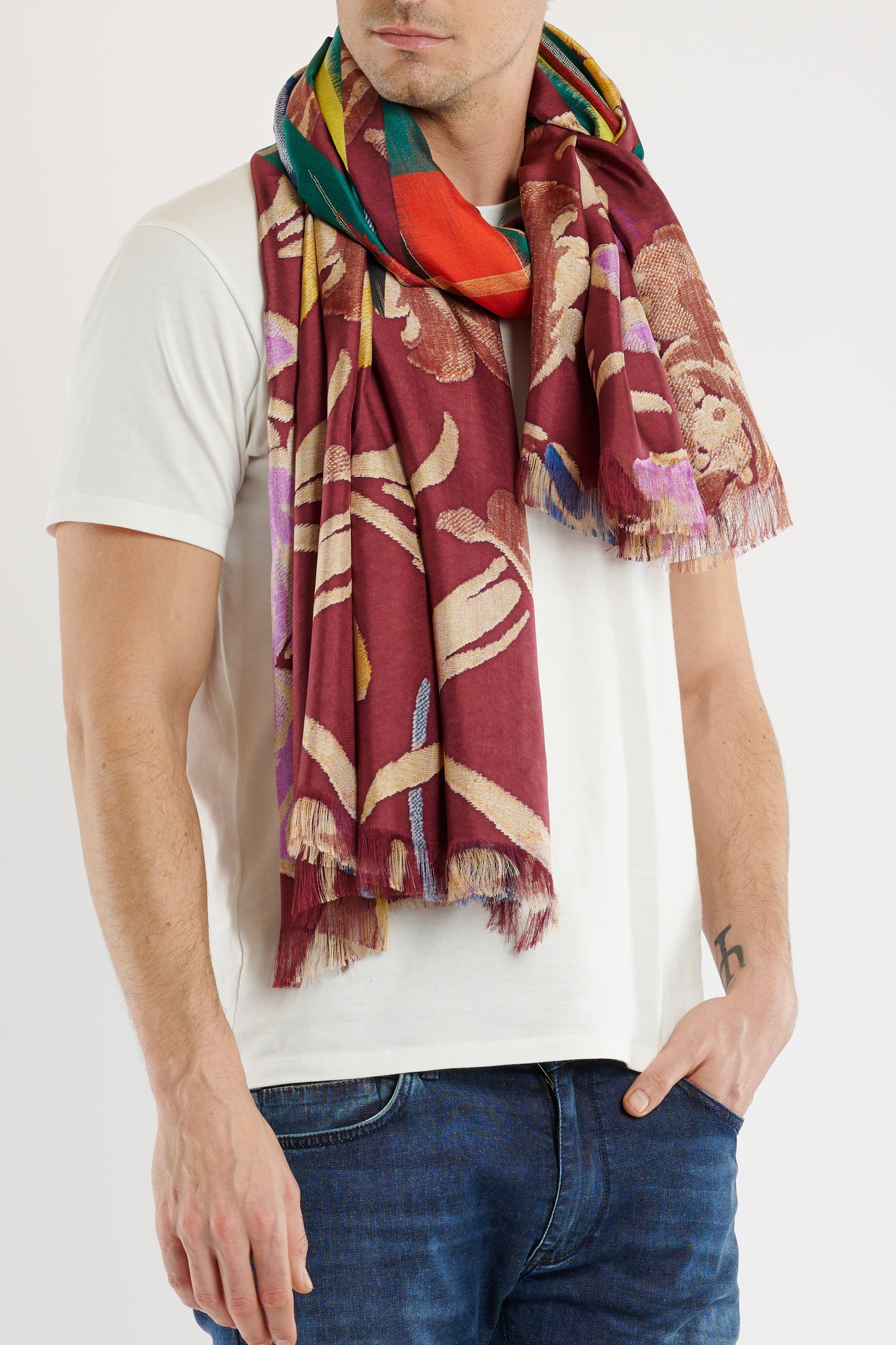 SMALL FRINGE SILK SCARF BURGUNDY