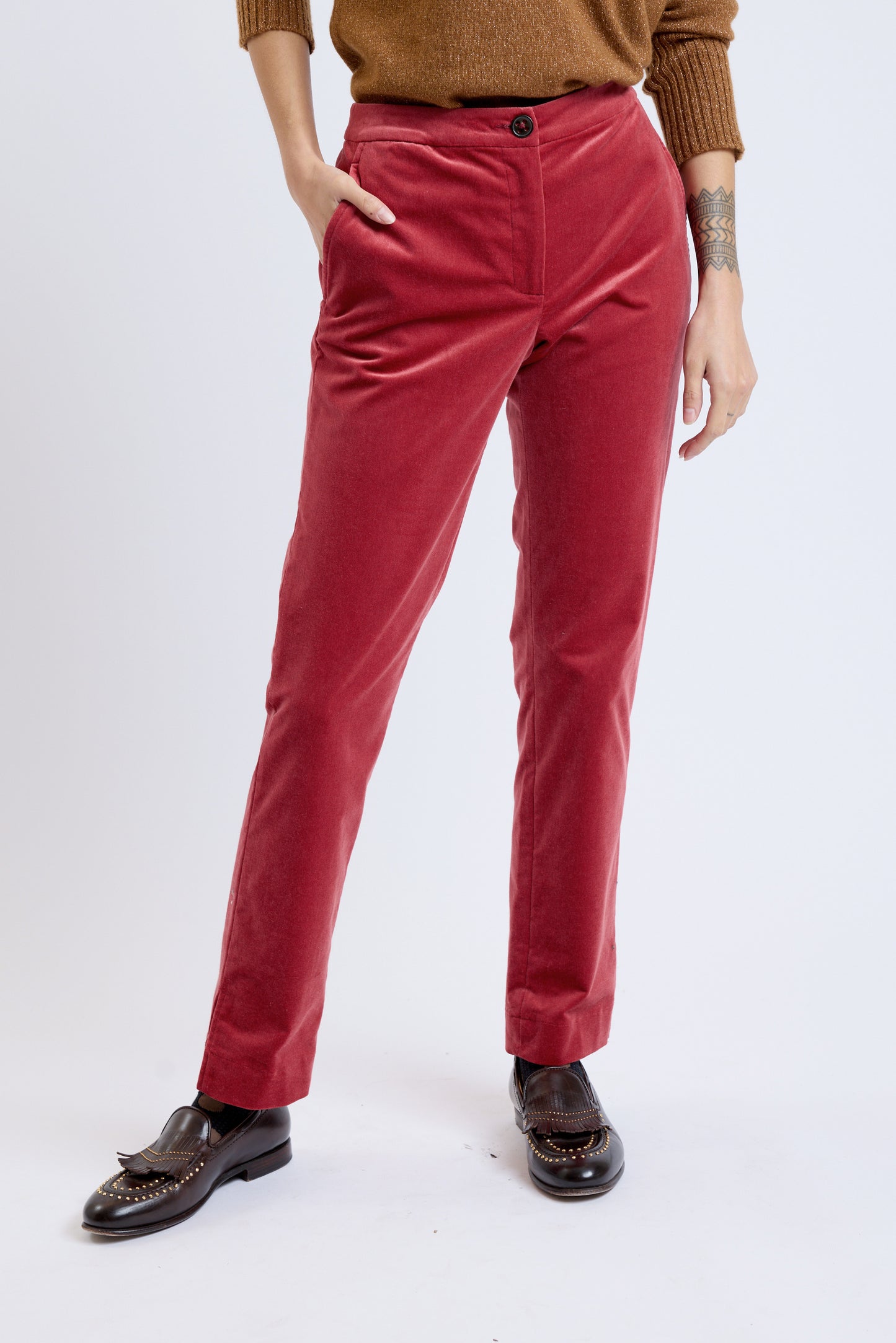 PANTALON VELOURS LISSE FENDU BORDEAUX