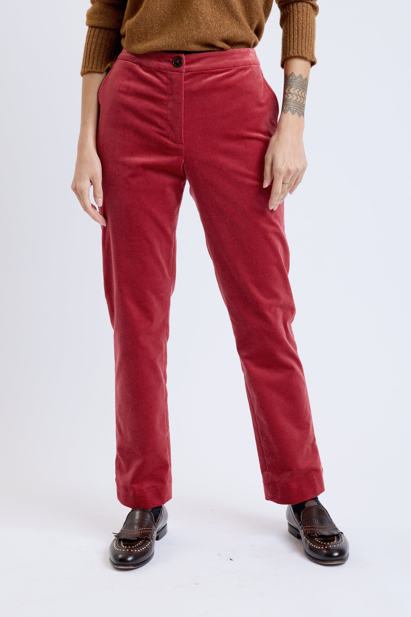 PANTALON VELOURS LISSE FENDU BORDEAUX