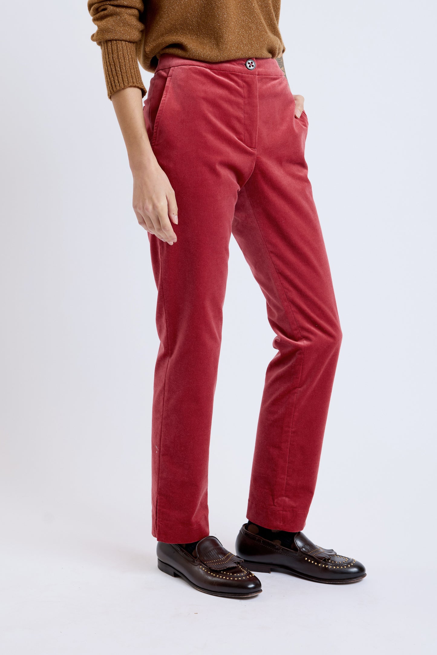 PANTALON VELOURS LISSE FENDU BORDEAUX