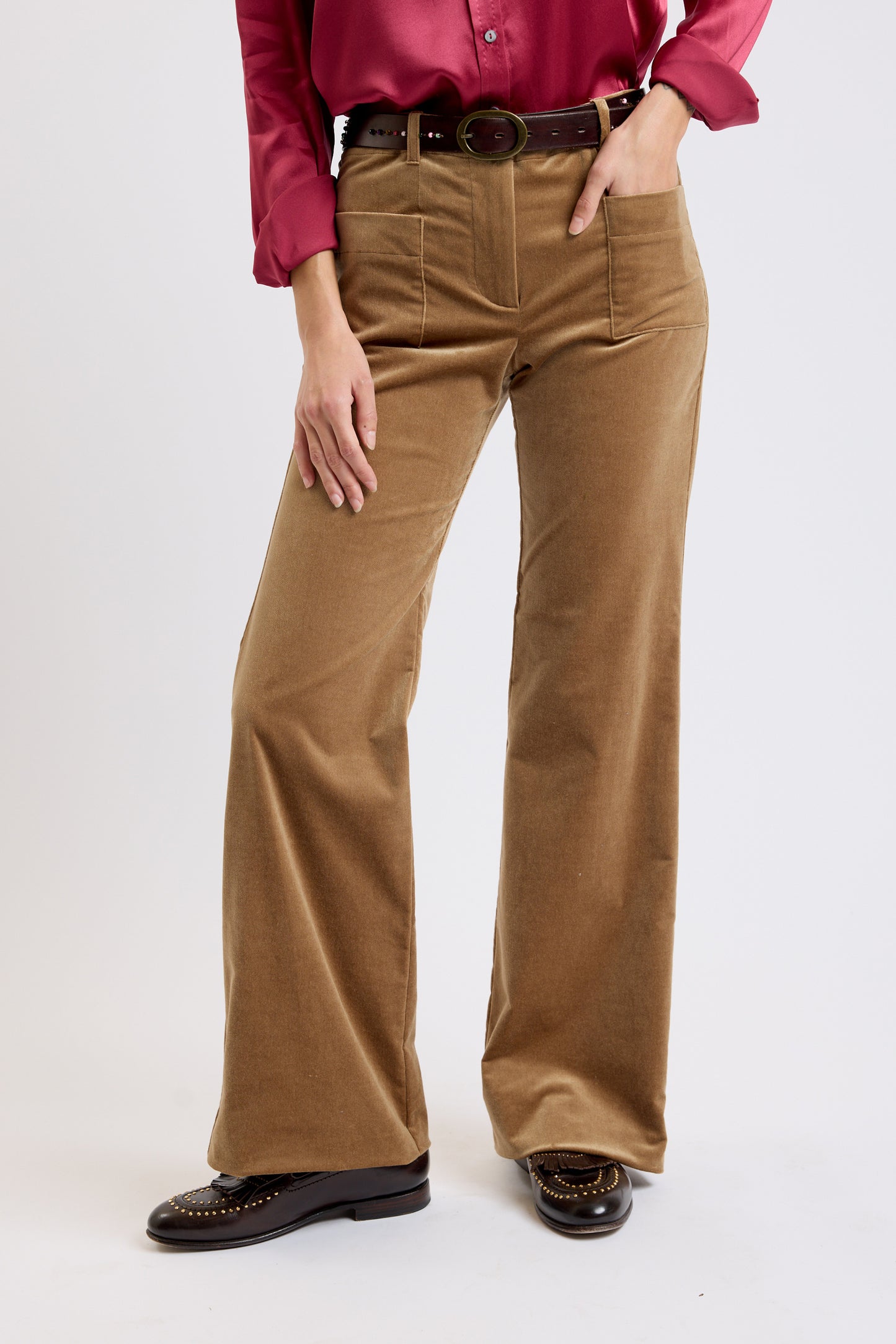 PANTALON VELOURS LISSE FLARE MARRON GLACÉ