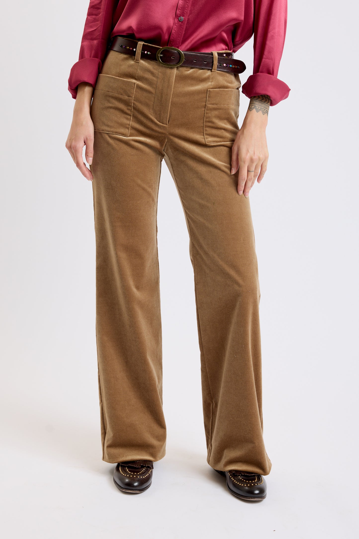 PANTALON VELOURS LISSE FLARE MARRON GLACÉ