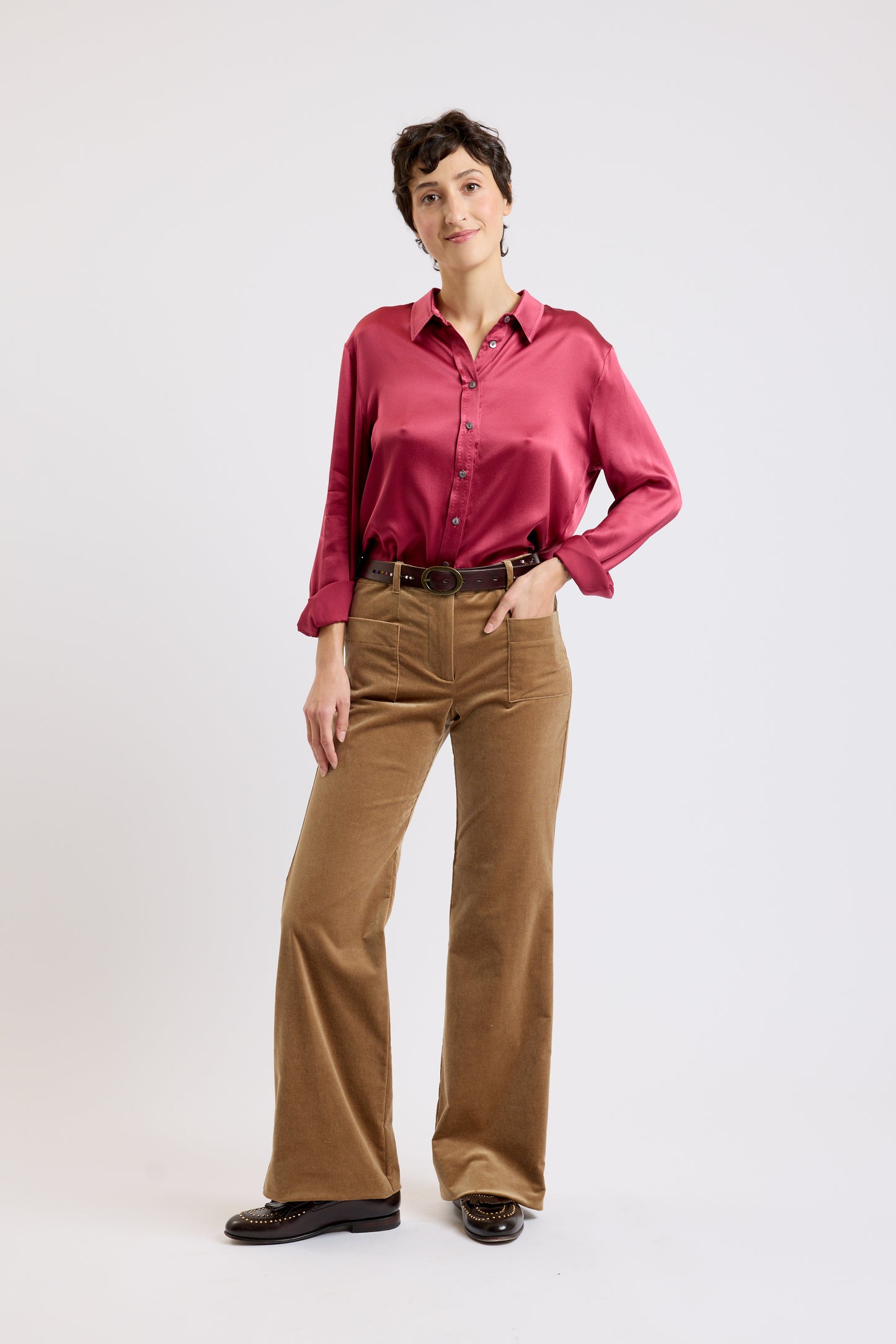 PANTALON VELOURS LISSE FLARE MARRON GLACÉ