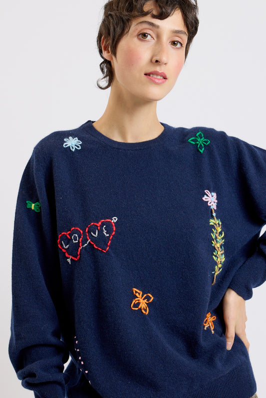 HAND EMBROIDERED CASMERE NAVY