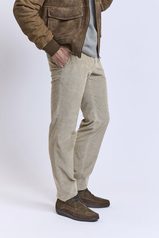 PANTALON SLIM VELOURS BEIGE+BLEU