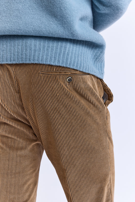 PANTALON SLIM VELOURS CAMEL+MARINE