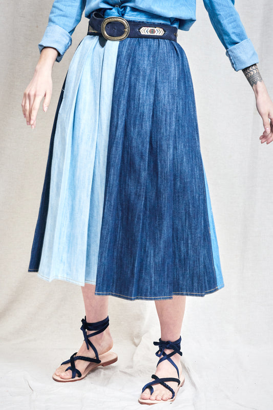 DRESS WITH PATCHED DENIM BLUE